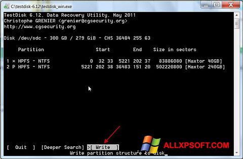 Képernyőkép TestDisk Windows XP