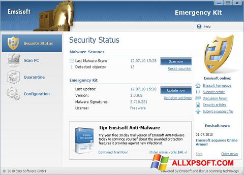 Képernyőkép Emsisoft Emergency Kit Windows XP