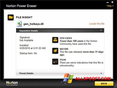 Képernyőkép Norton Power Eraser Windows XP
