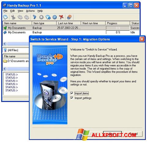 Képernyőkép Handy Backup Windows XP