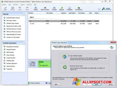 Képernyőkép AOMEI Partition Assistant Windows XP