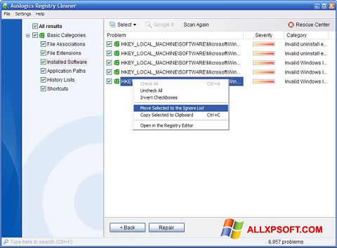 Képernyőkép Auslogics Registry Cleaner Windows XP