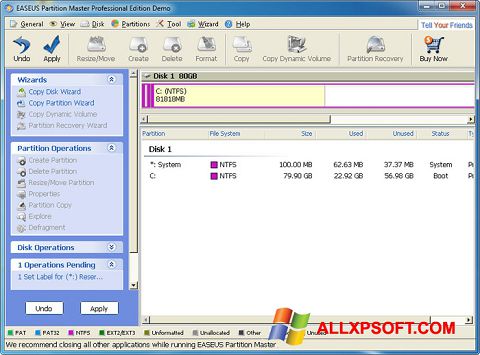 Képernyőkép EASEUS Partition Master Windows XP