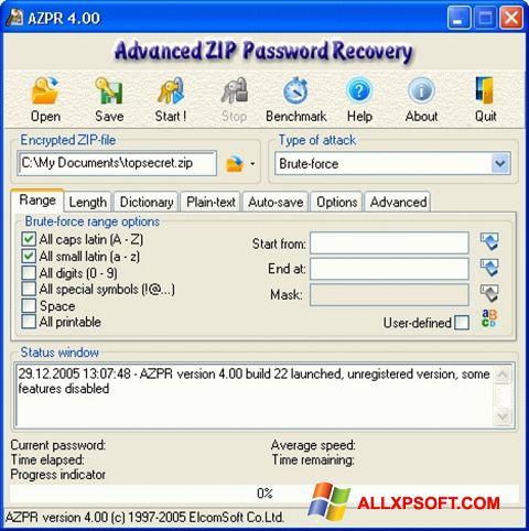 Képernyőkép Advanced Archive Password Recovery Windows XP