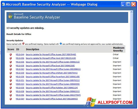 Képernyőkép Microsoft Baseline Security Analyzer Windows XP