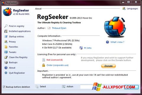 Képernyőkép RegSeeker Windows XP