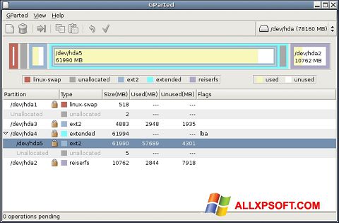 Képernyőkép GParted Windows XP