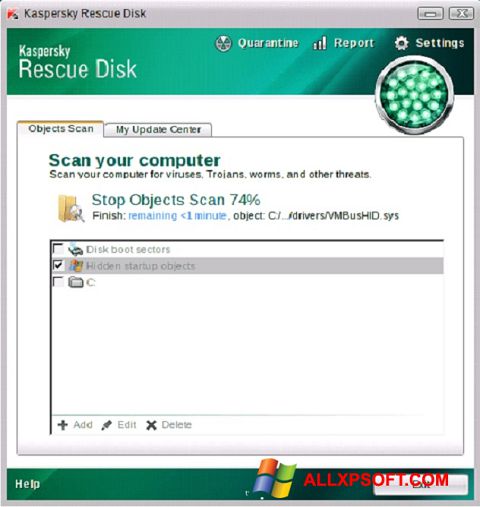 Képernyőkép Kaspersky Rescue Disk Windows XP