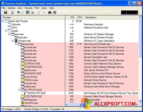 Képernyőkép Process Explorer Windows XP