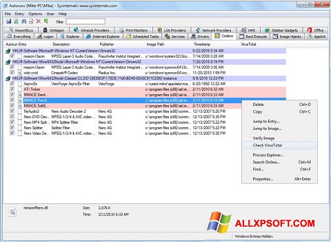 Képernyőkép AutoRuns Windows XP