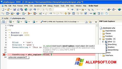 Képernyőkép phpDesigner Windows XP