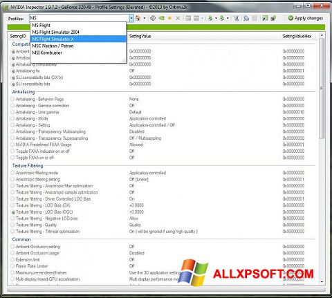 Képernyőkép NVIDIA Inspector Windows XP