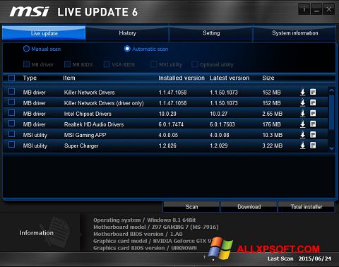 Képernyőkép MSI Live Update Windows XP