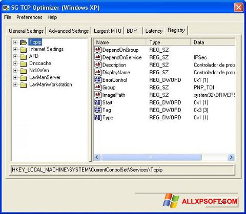 Képernyőkép TCP Optimizer Windows XP