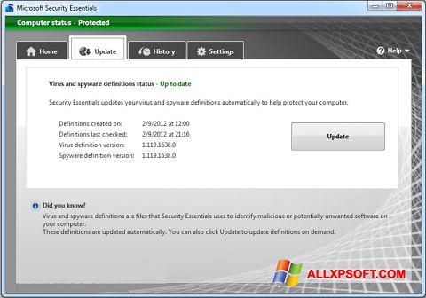 Képernyőkép Microsoft Security Essentials Windows XP